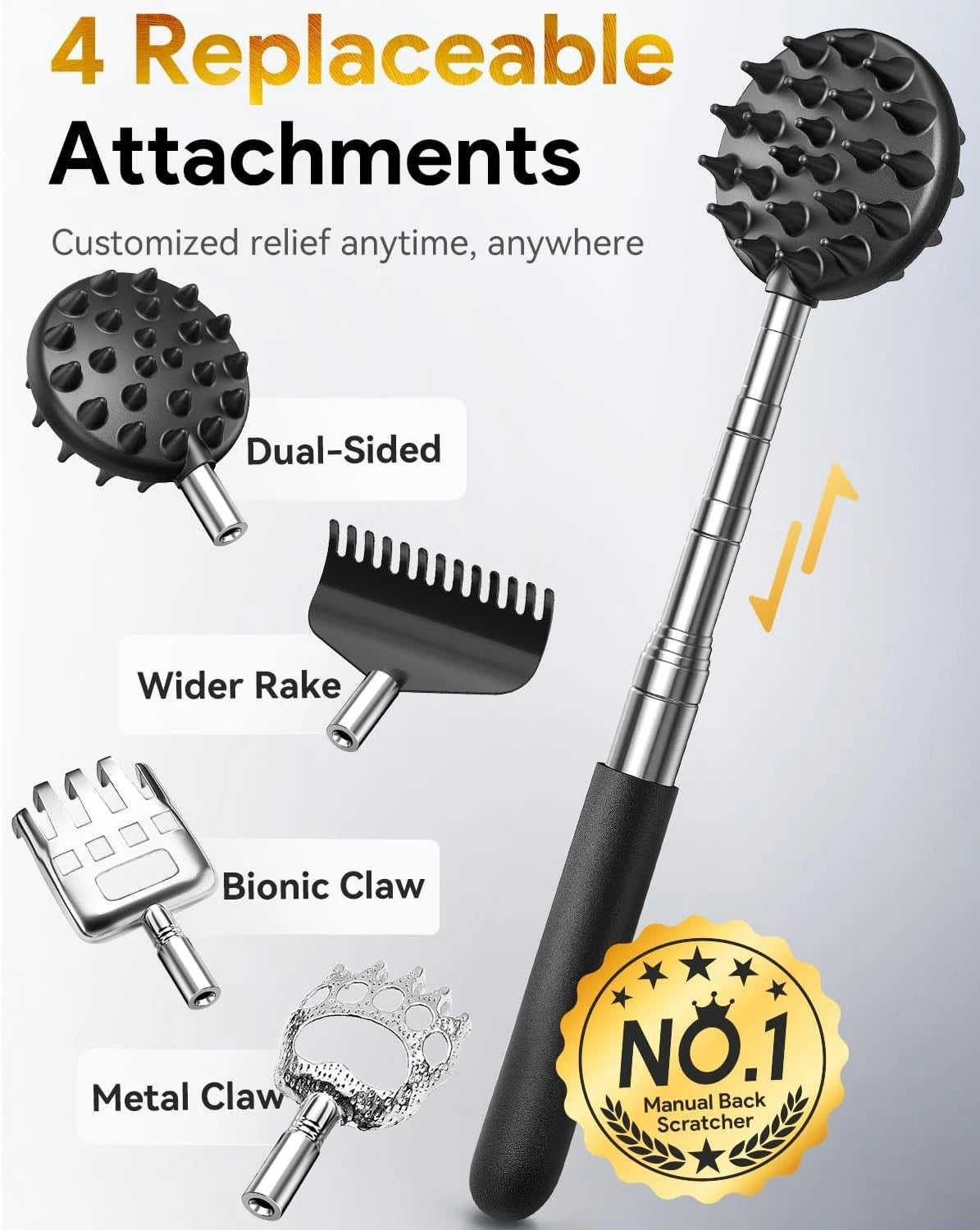 Telescoping Back Scratcher with 4 Detachable Heads - Ideal Gift for Any Occasion