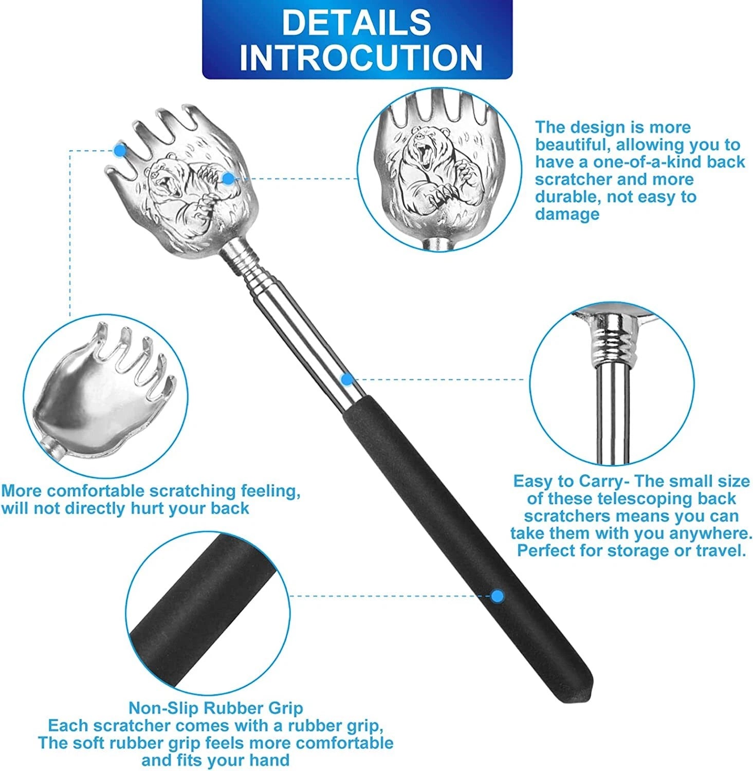 Back Scratcher 2 Pack - Extendable Stainless Steel, with Carrying Bag