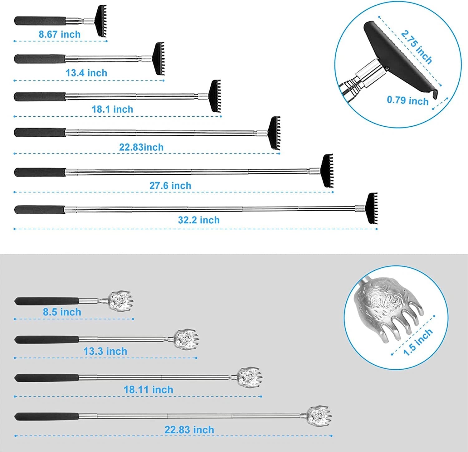 Back Scratcher 2 Pack - Extendable Stainless Steel, with Carrying Bag