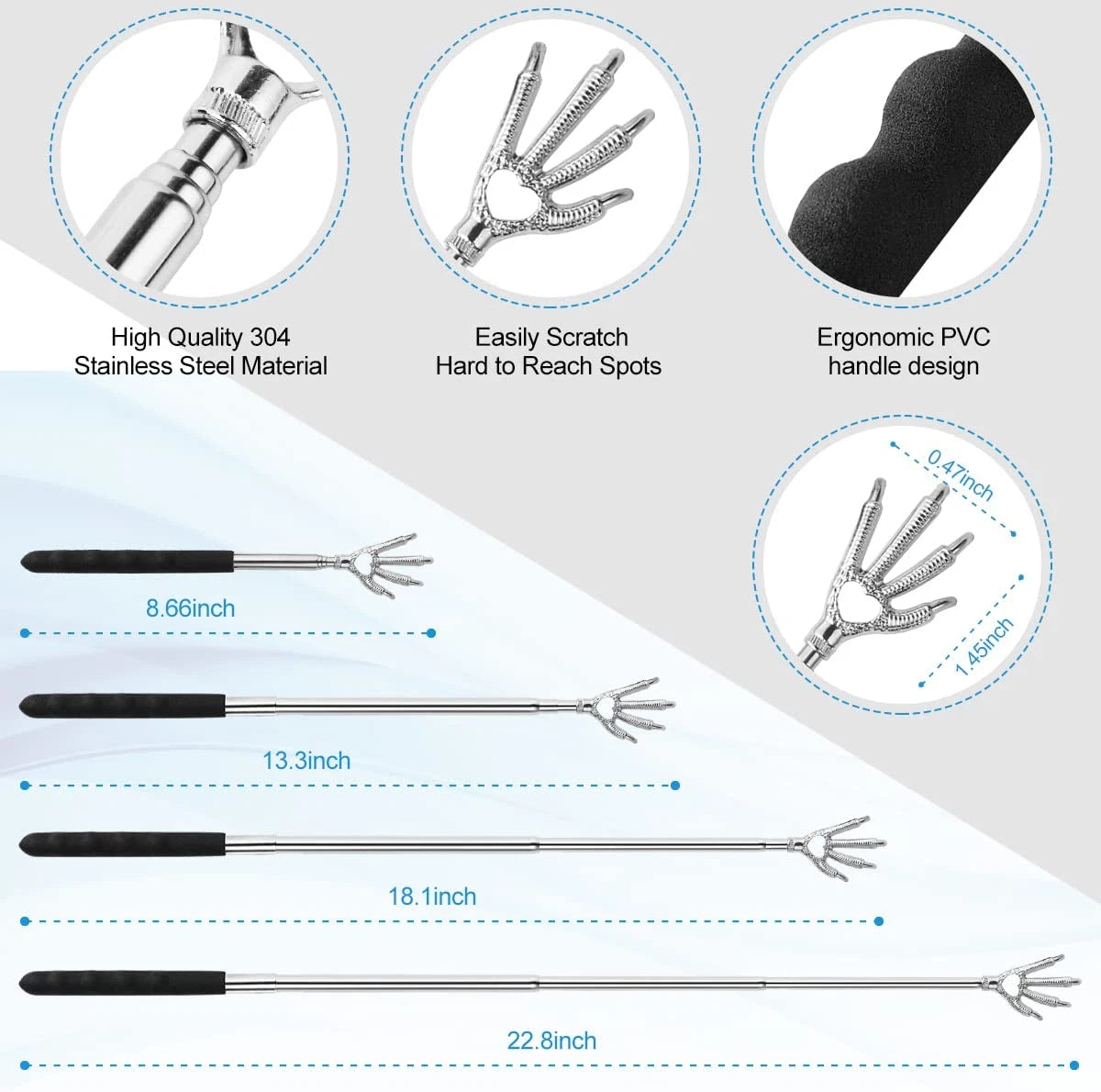 3 Pack Metal Portable Telescoping Back Scratchers with Rubber Handles
