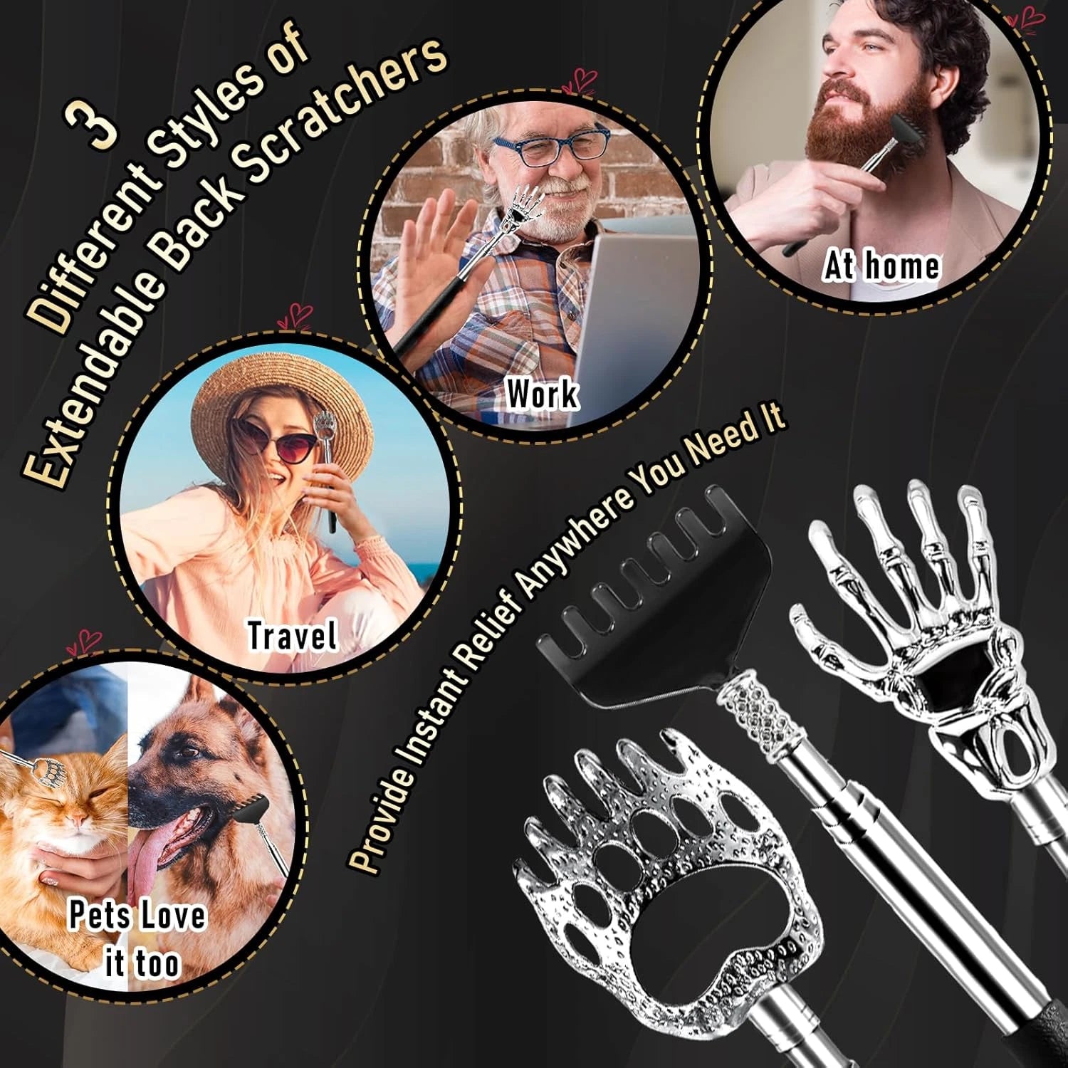 4Pcs Back Scratcher, Extendable Back Massager Tool with Rubber Handle-Telescopic