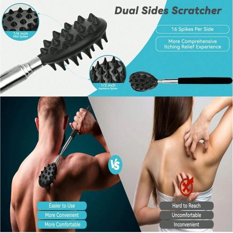 Stainless Steel & Rubber Extendable 30“ Back Scratcher with 3 Detachable Heads