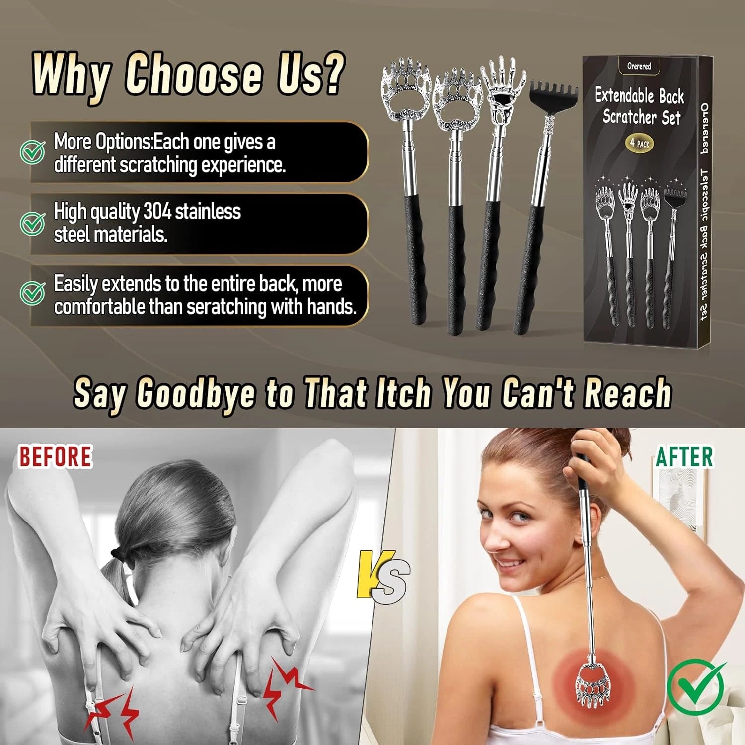 4Pcs Back Scratcher, Extendable Back Massager Tool with Rubber Handle-Telescopic