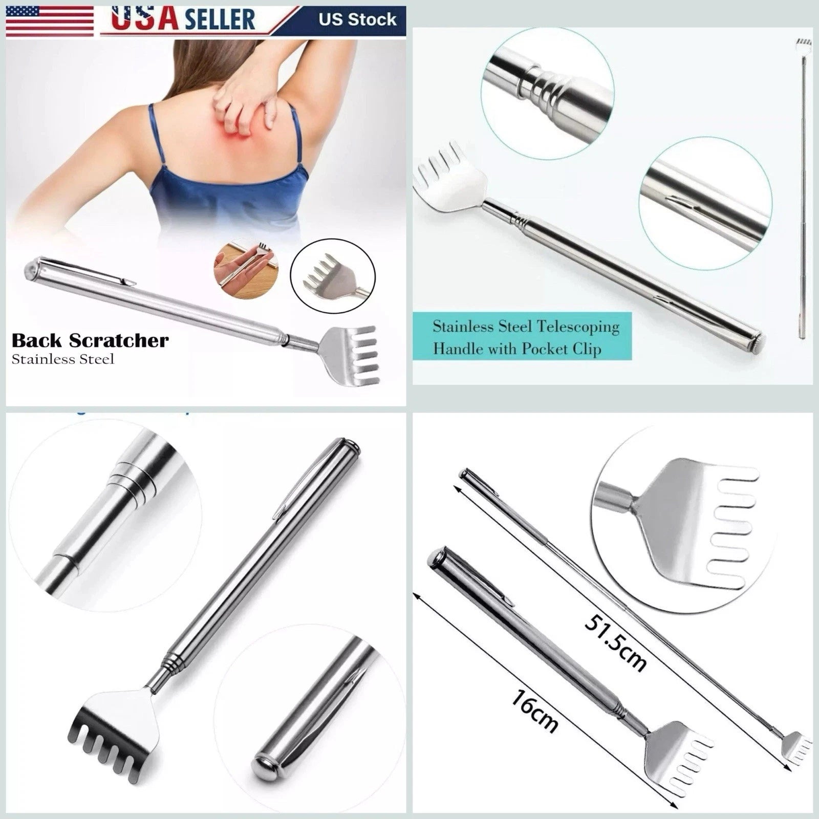 Metal Stainless Steel Back Scratcher  Telescopic Extendable Claw Extender US