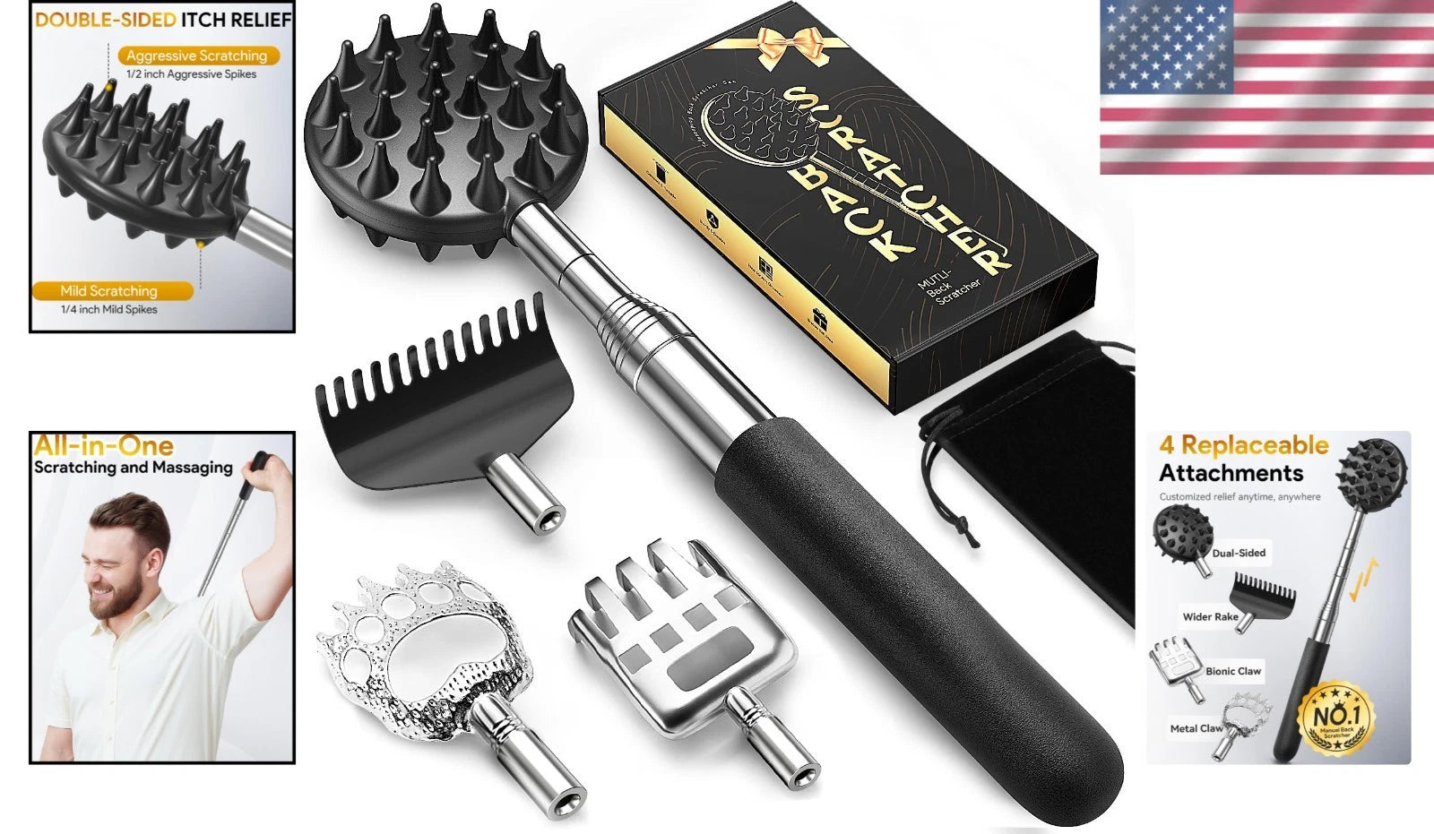 Telescoping Back Scratcher with 4 Detachable Heads - Ideal Gift for Any Occasion