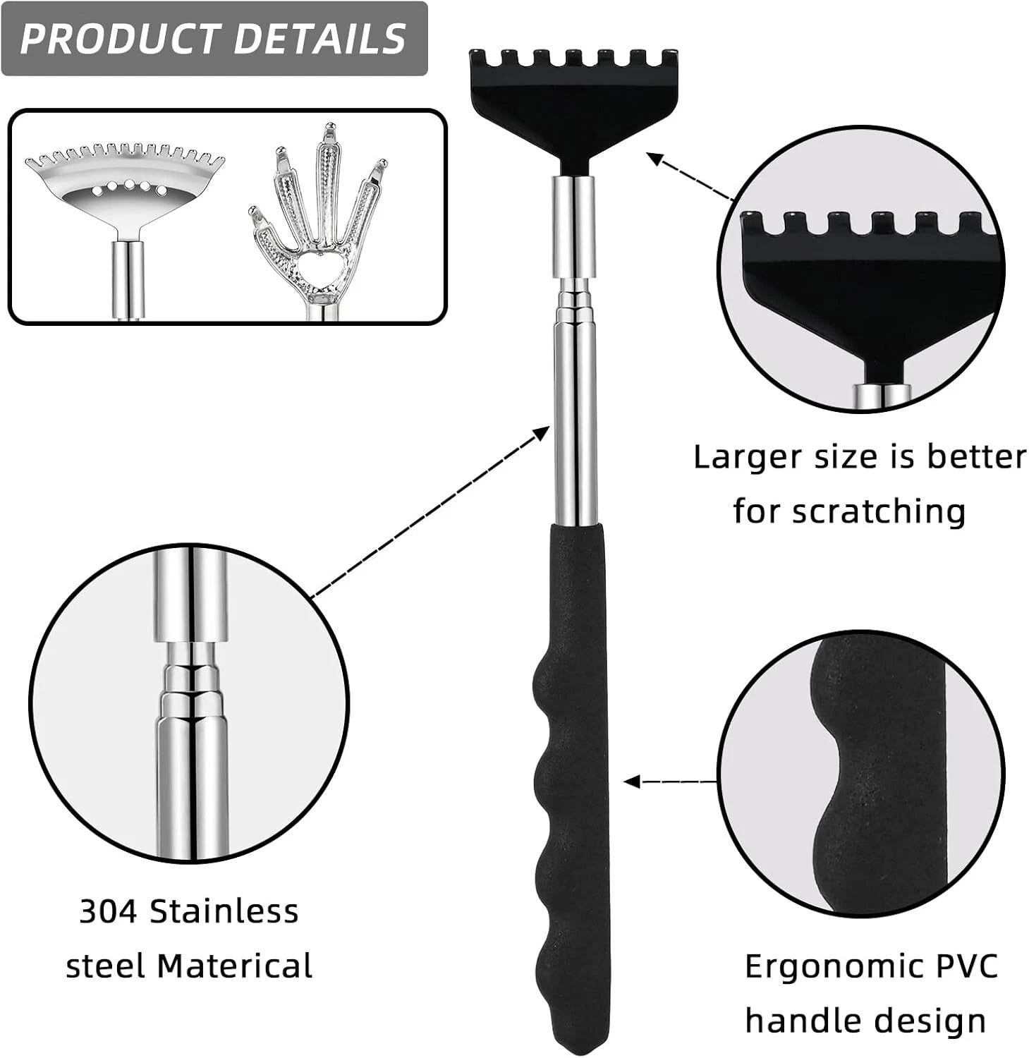 3 Pack Metal Telescoping Back Scratcher with Rubber Handle for Men Women Kids