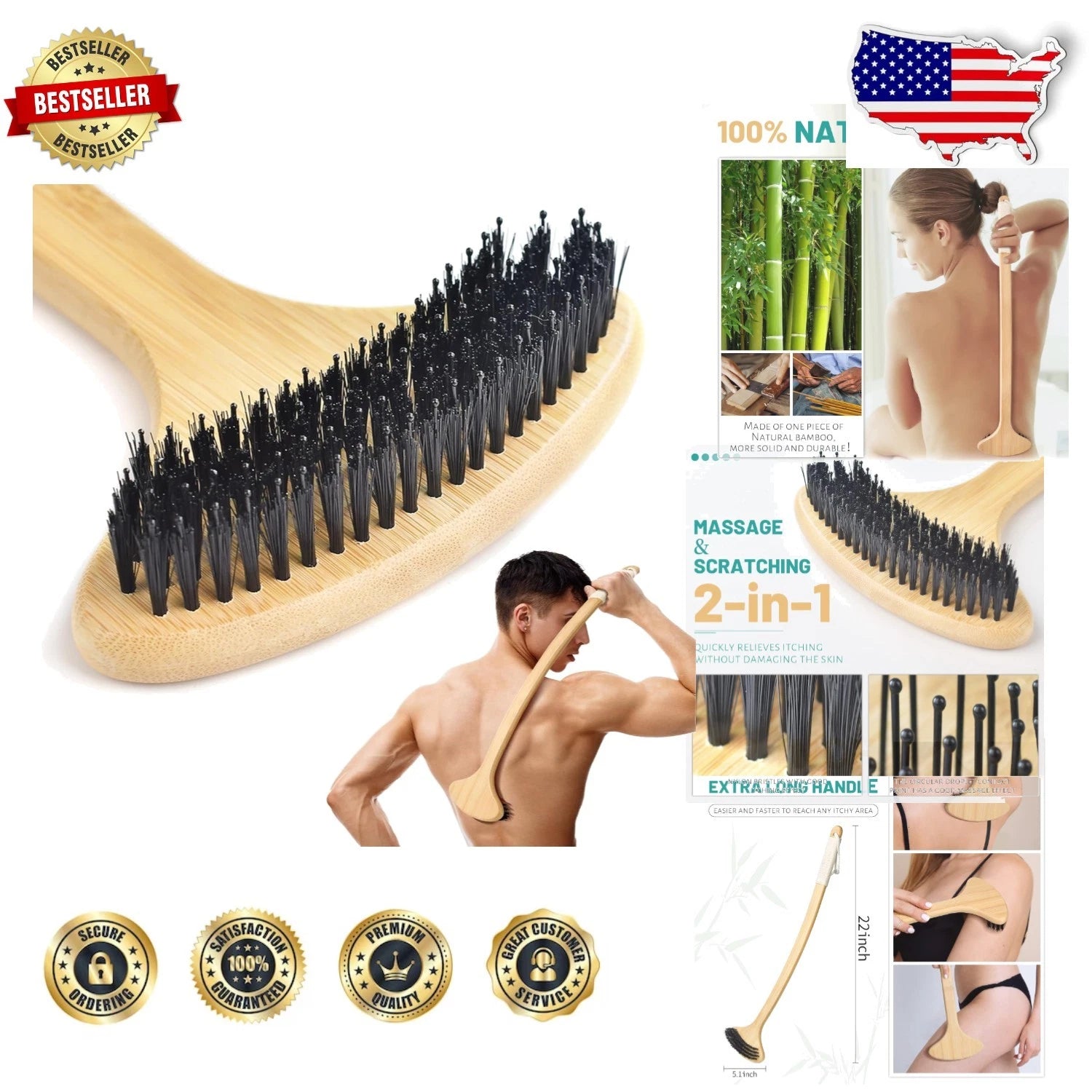 Oversized 22” Bamboo Back Scratcher with Massaging Head - Ultimate Relief Tool