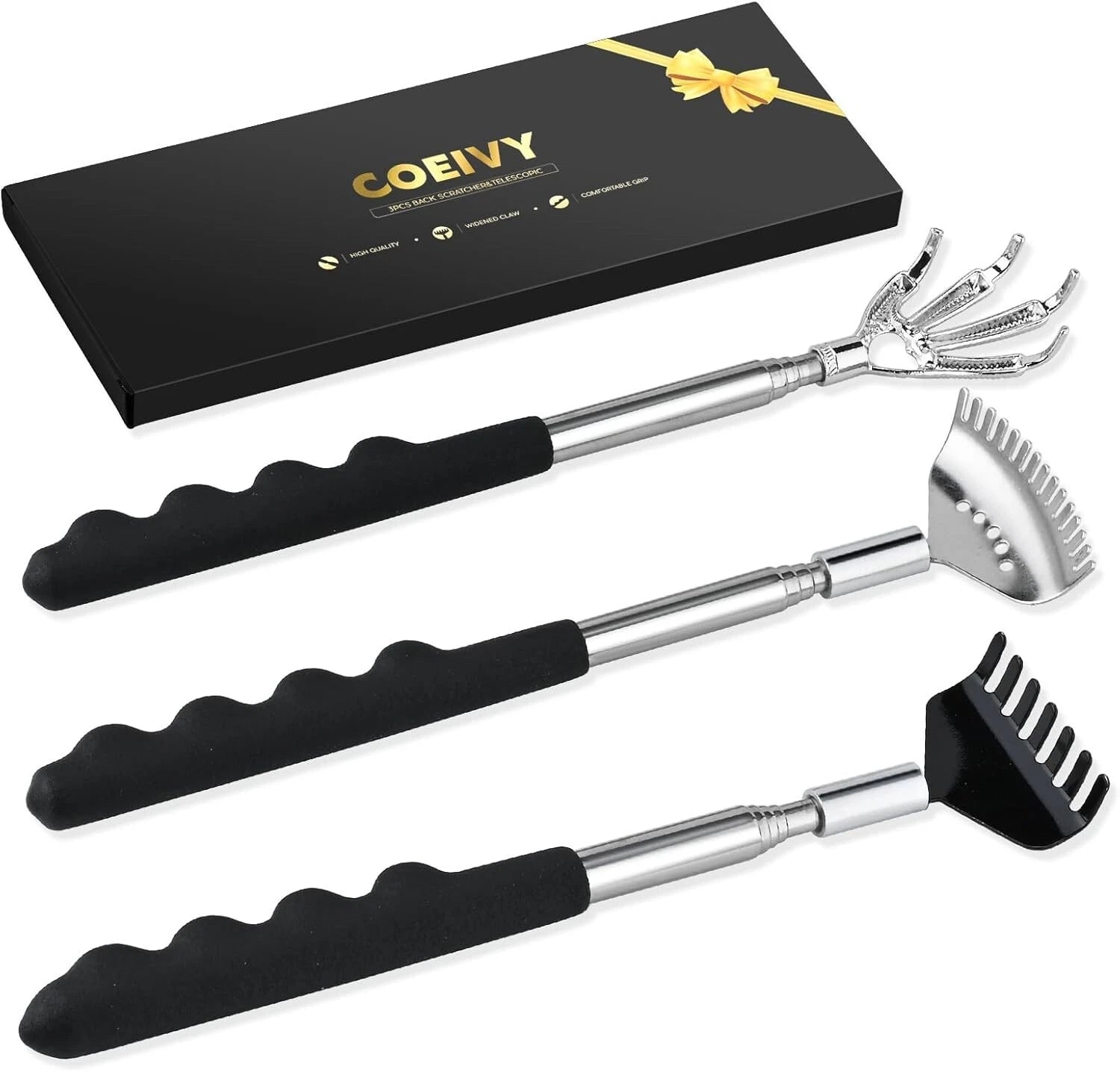 3 Pack Metal Telescoping Back Scratcher with Rubber Handle for Men Women Kids