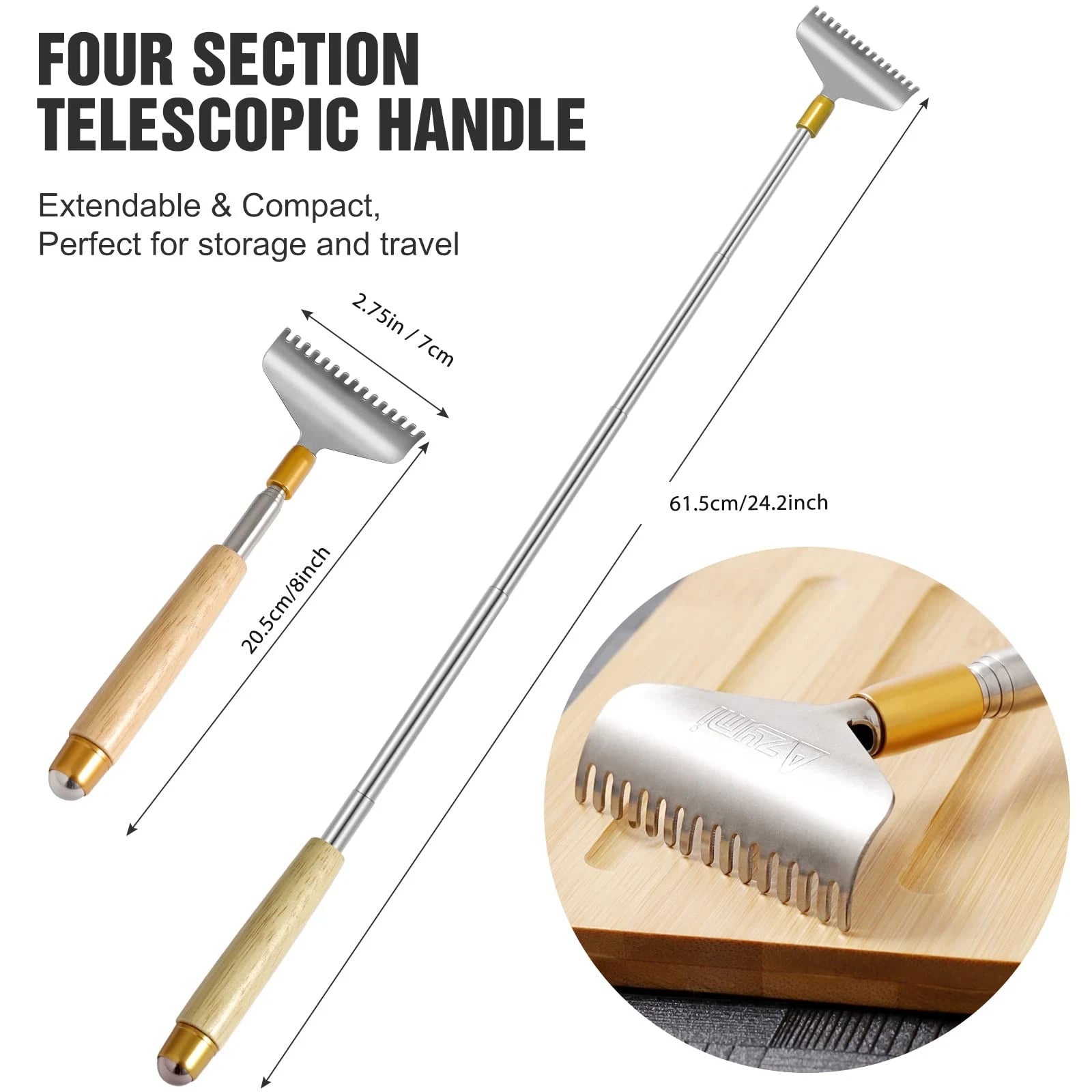 Extendable Back Scratcher with Wooden Handle & Steel Roller, 62CM