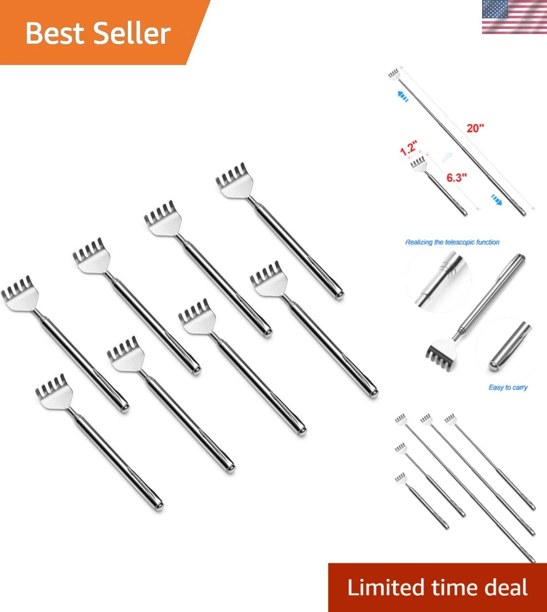 8-Pack Portable Telescopic Back Scratchers - Stainless Steel, Travel-Friendly