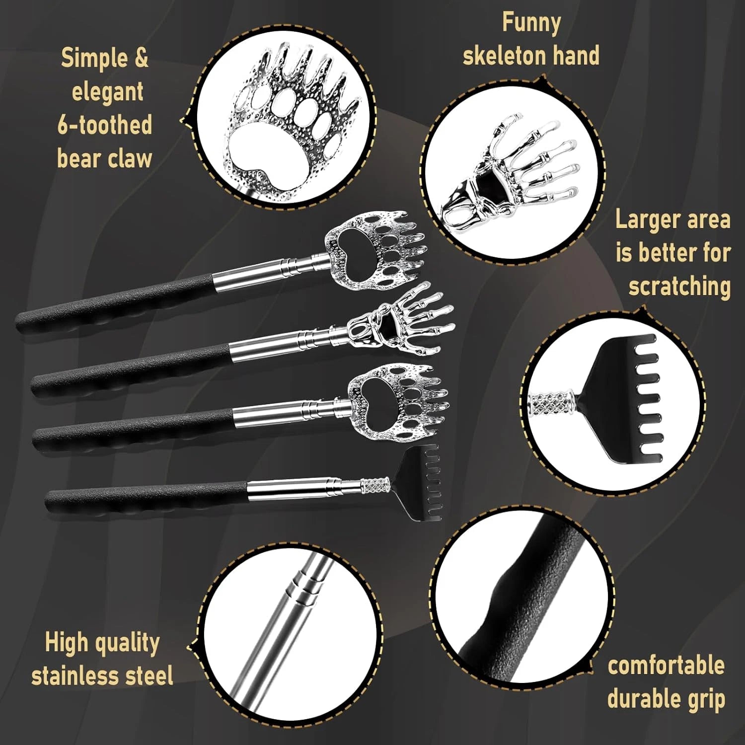 4Pcs Back Scratcher, Extendable Back Massager Tool with Rubber Handle-Telescopic