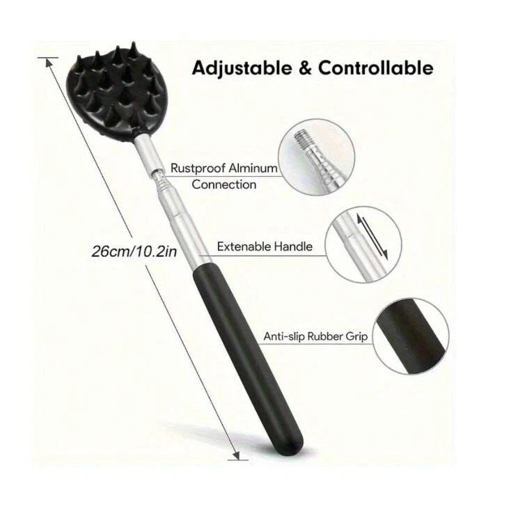 Stainless Steel & Rubber Extendable 30“ Back Scratcher with 3 Detachable Heads