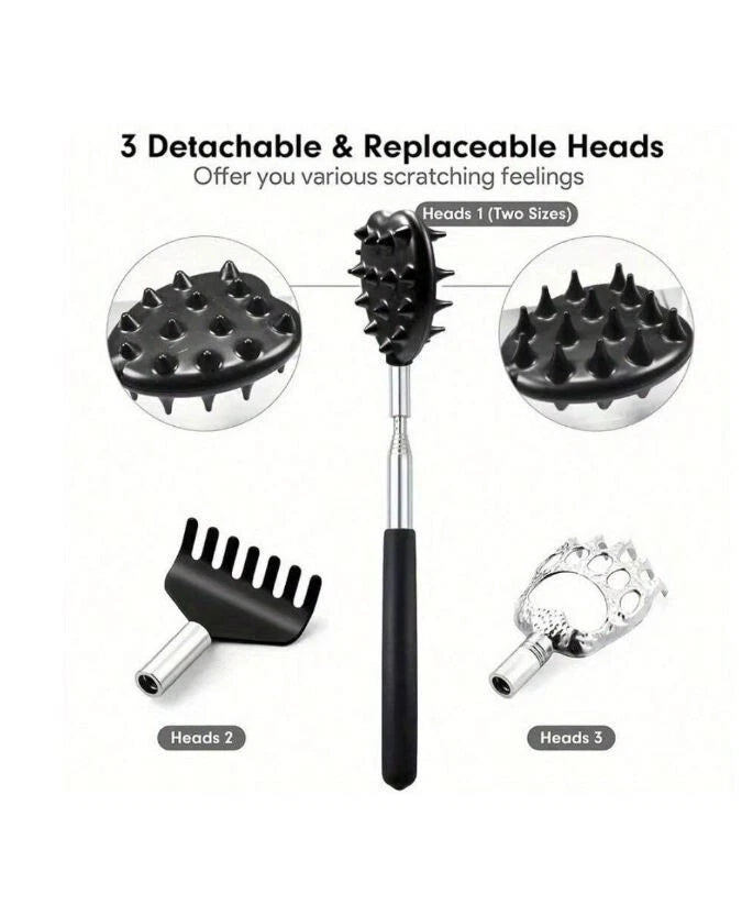 Stainless Steel & Rubber Extendable 30“ Back Scratcher with 3 Detachable Heads