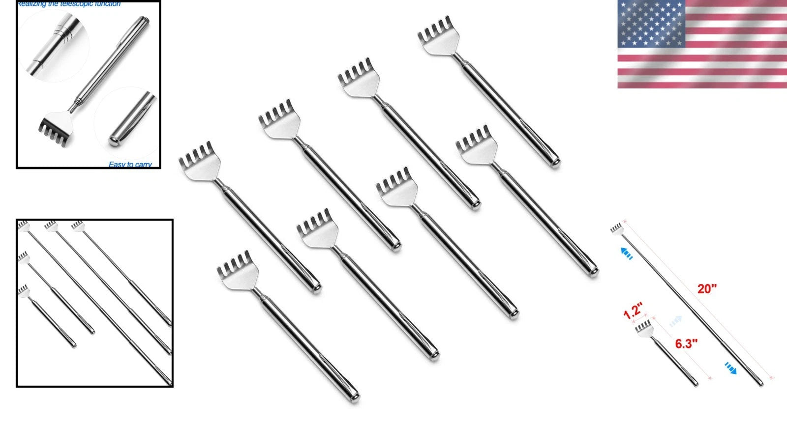 8-Pack Portable Telescopic Back Scratchers - Stainless Steel, Travel-Friendly