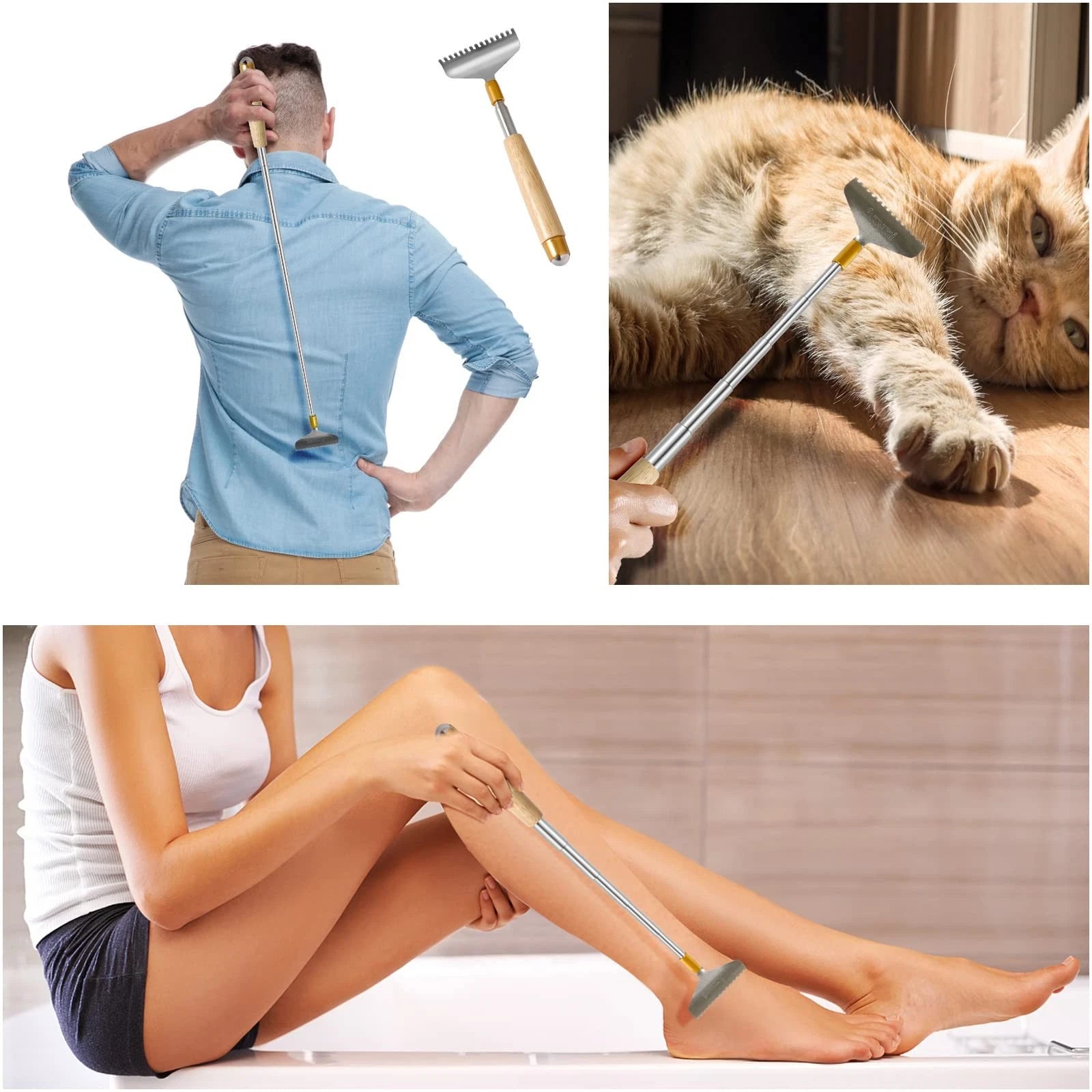 Extendable Back Scratcher with Wooden Handle & Steel Roller, 62CM