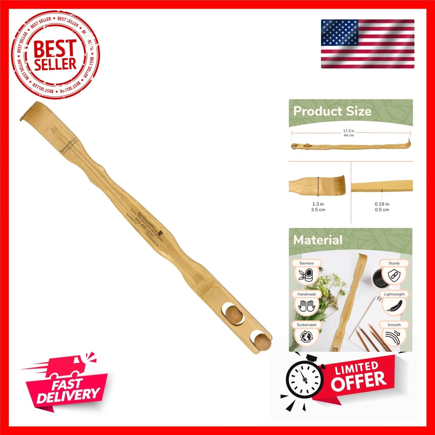 17 Inch Bamboo Wooden Back Scratcher Smooth Massage Roller Handle for Itching...