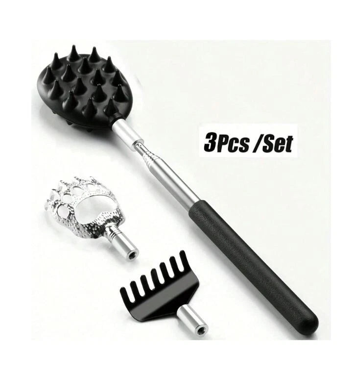 Stainless Steel & Rubber Extendable 30“ Back Scratcher with 3 Detachable Heads