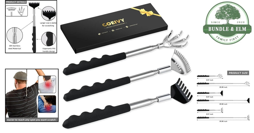 3 Pack Metal Telescoping Back Scratcher with Rubber Handle for Men Women Kids