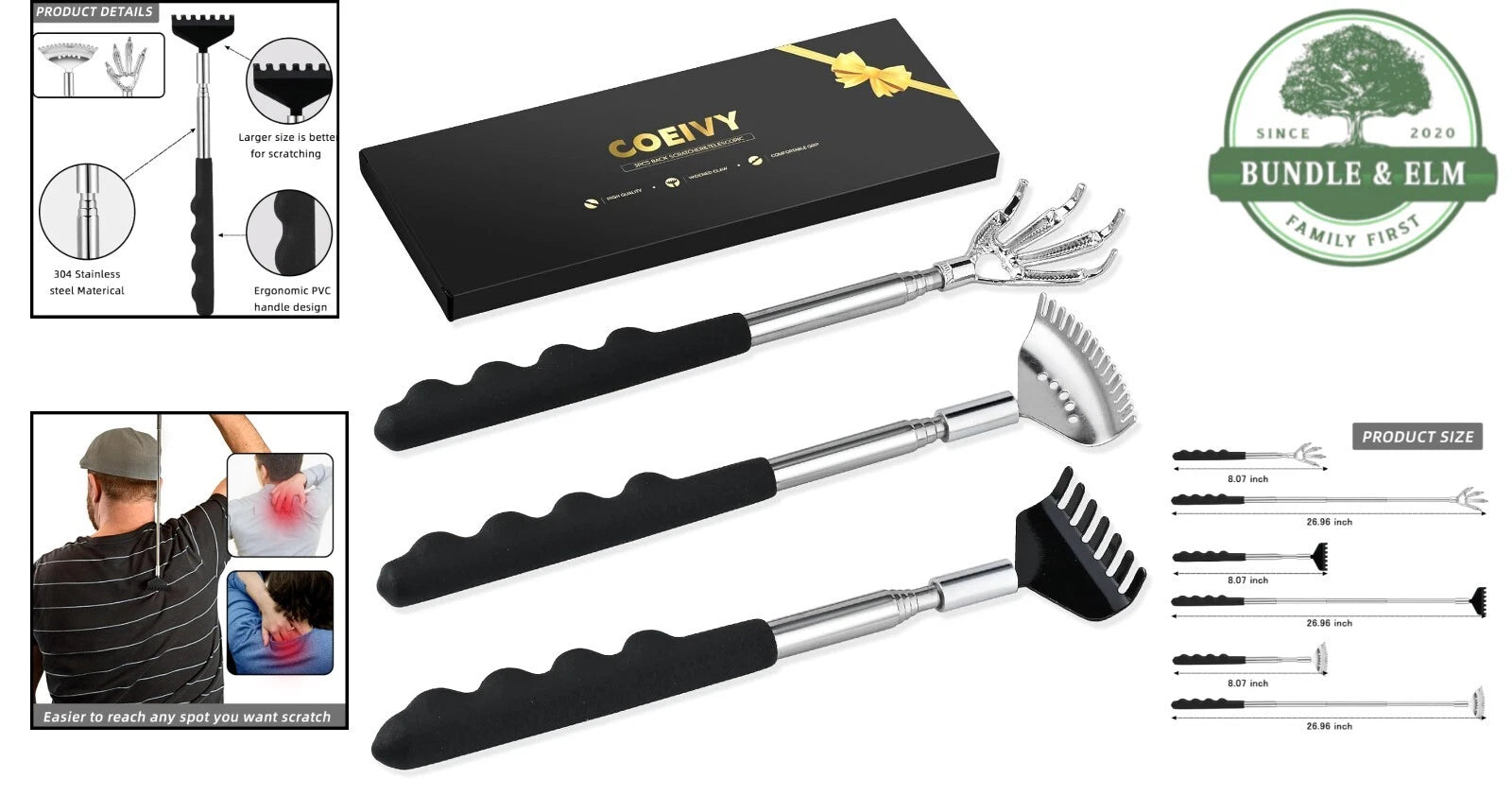 3 Pack Metal Telescoping Back Scratcher with Rubber Handle for Men Women Kids
