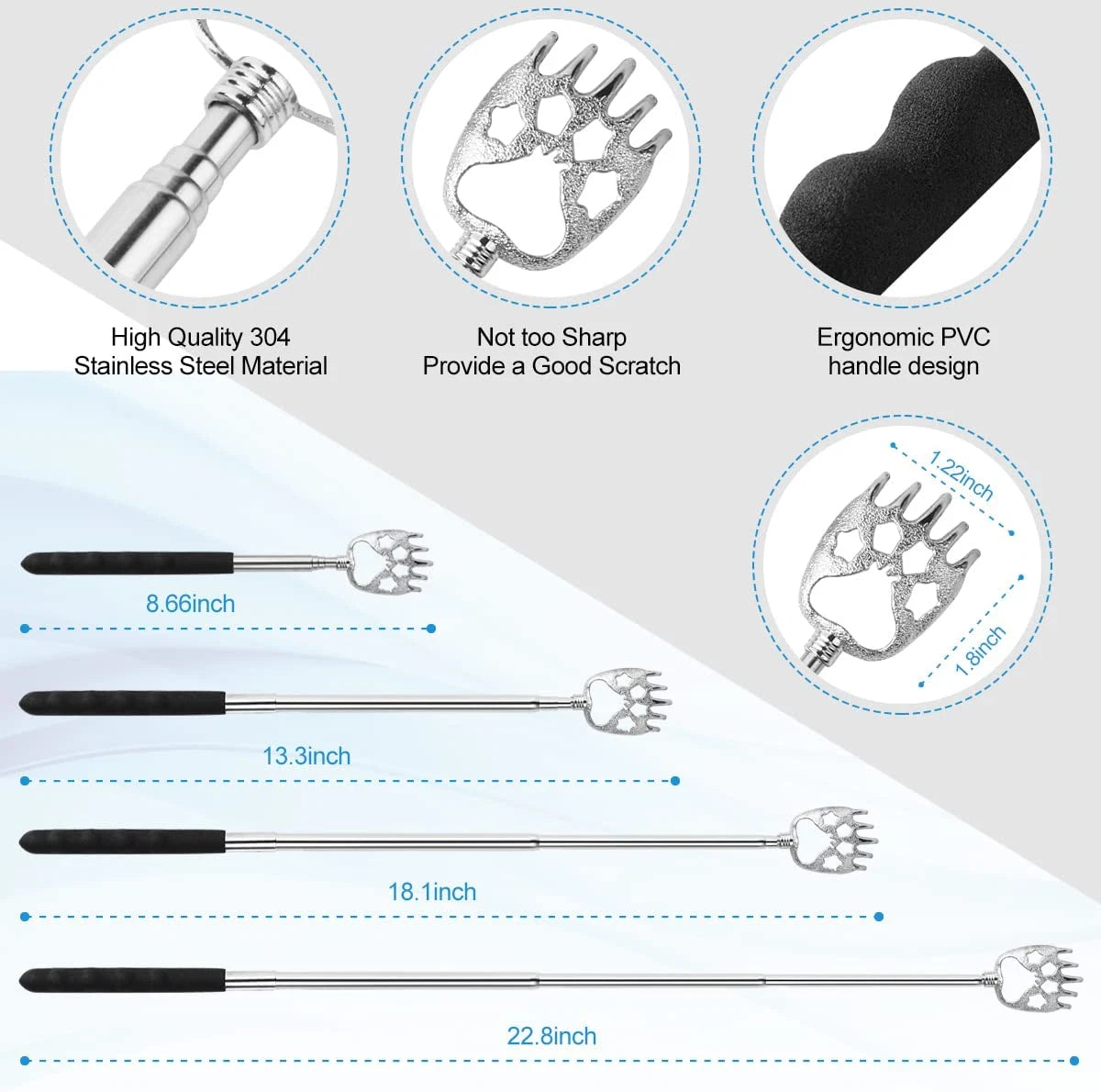 3 Pack Metal Portable Telescoping Back Scratchers with Rubber Handles