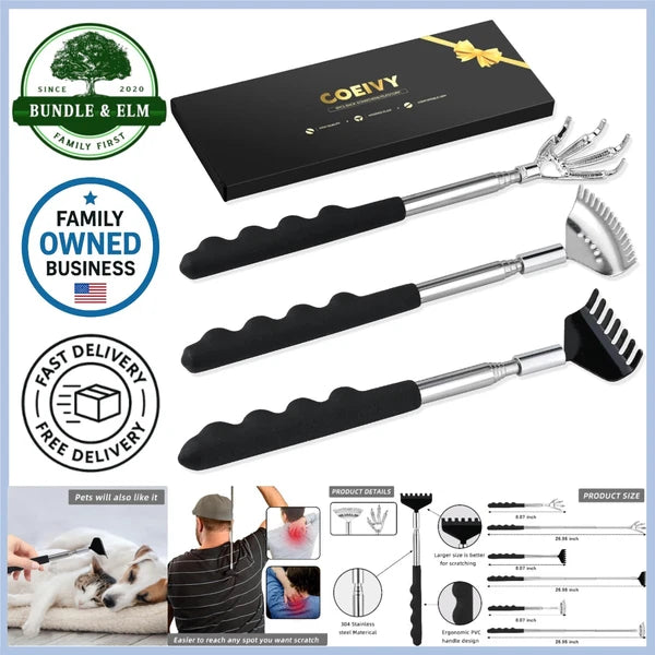 3 Pack Metal Telescoping Back Scratcher with Rubber Handle for Men Women Kids