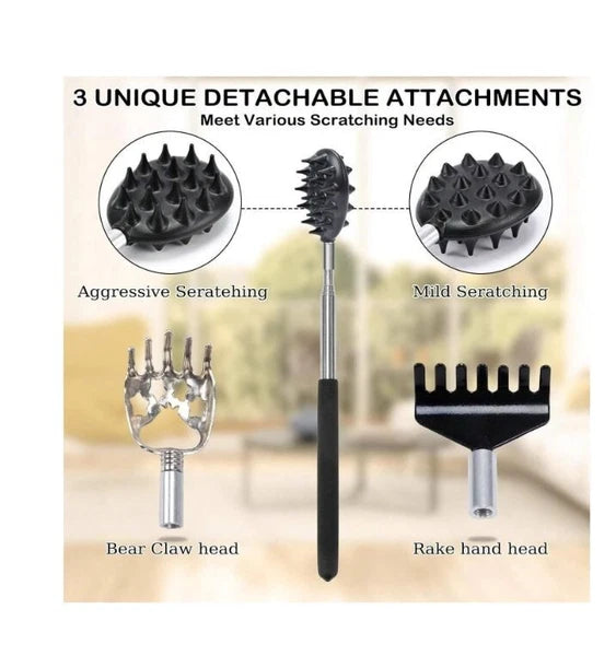 Stainless Steel & Rubber Extendable 30“ Back Scratcher with 3 Detachable Heads
