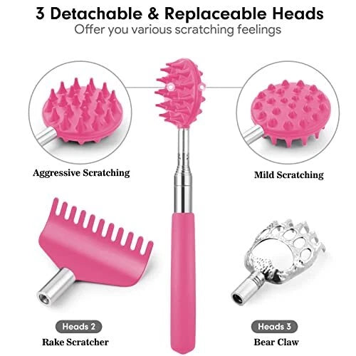 Portable Telescoping Back Scratcher with 3 Detachable Scratching Heads