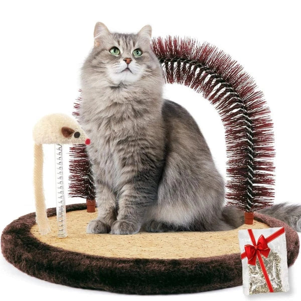 Large Cat Self Groomer with Wooden Scratching Pad and Toy for Indoor Cats