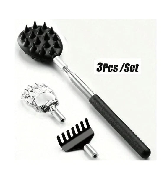 Stainless Steel & Rubber Extendable 30“ Back Scratcher with 3 Detachable Heads