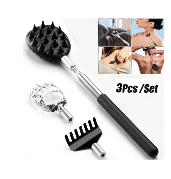 Stainless Steel & Rubber Extendable 30“ Back Scratcher with 3 Detachable Heads