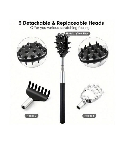 Stainless Steel & Rubber Extendable 30“ Back Scratcher with 3 Detachable Heads